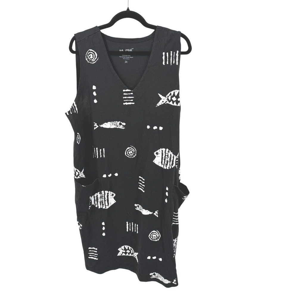 M. Mac Womens 2X Dress‎ Black Fish Print Cotton V-Neck Sleeveless Pockets Shift